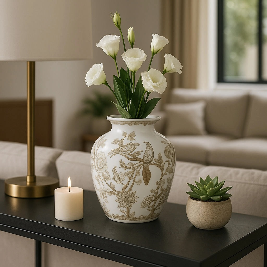 Decorative vase with white flowers on a table in a living room setting