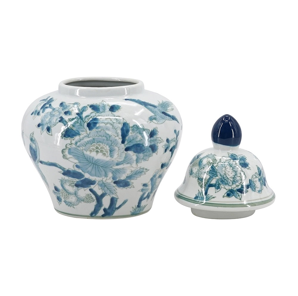 A white ceramic jar with a matching lid, decorated with blue floral patterns, shown on a plain white background.