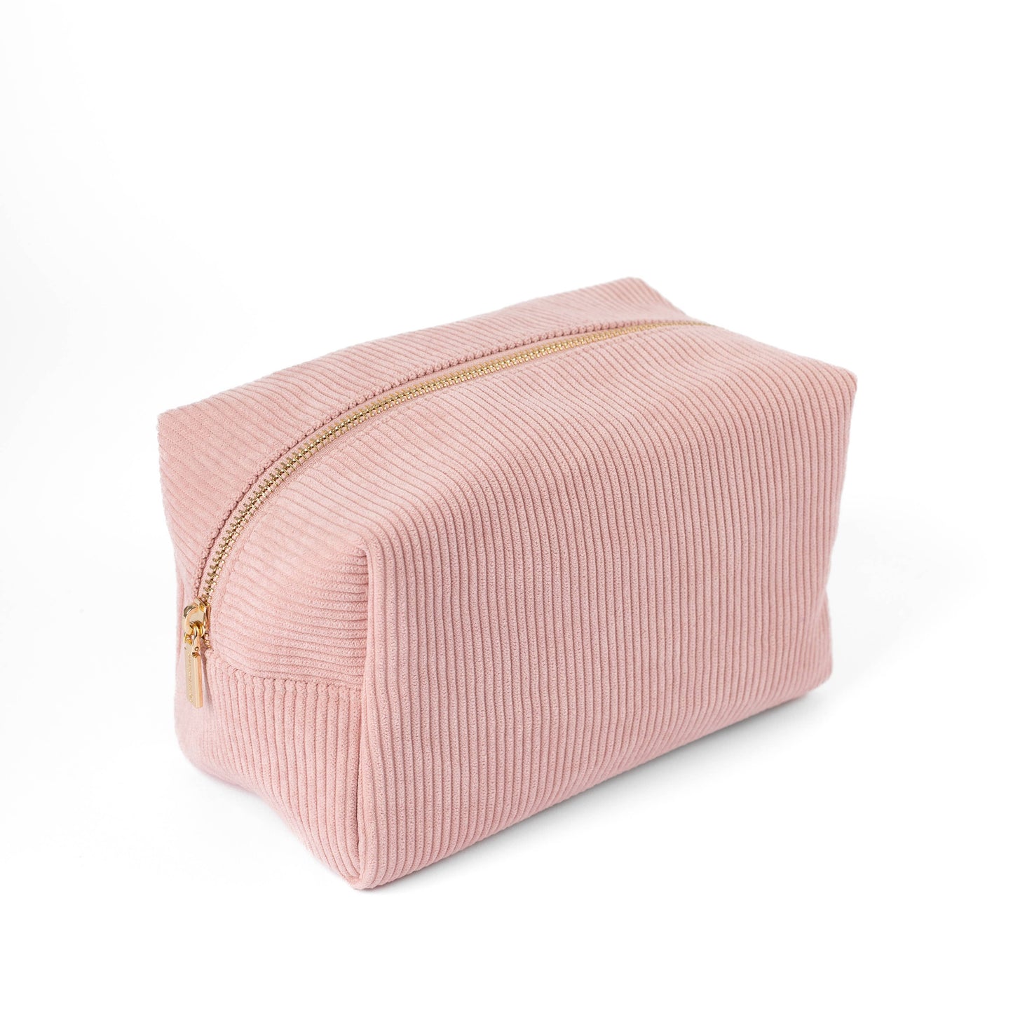 Rose pink corduroy cosmetic bag with gold zipper, rectangular pouch