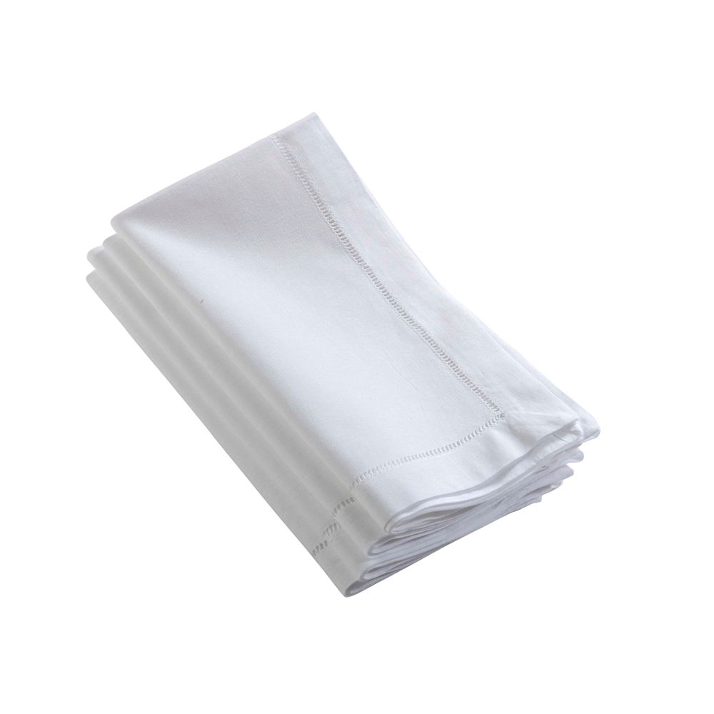 Set of 4 white hemstitch fabric coasters with stitched decorative border