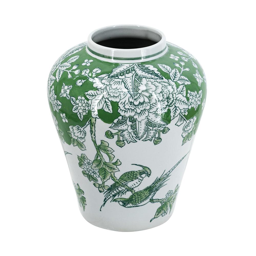 A ceramic vase with a green and white floral toile pattern, featuring large blossoms and birds, set against a plain white background.